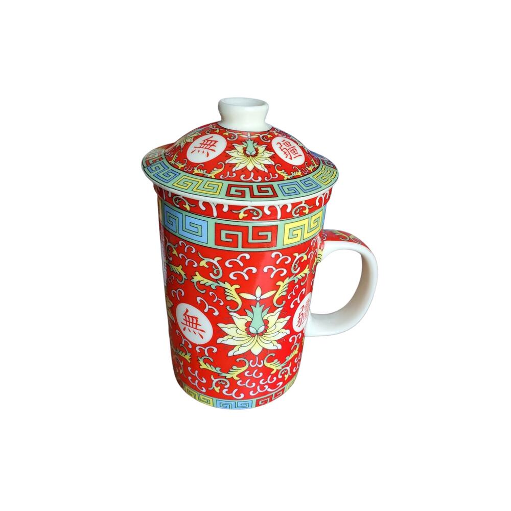 Traditional Chinese Porcelain Tea Mug with Infuser and Lid Red Longevity Pattern